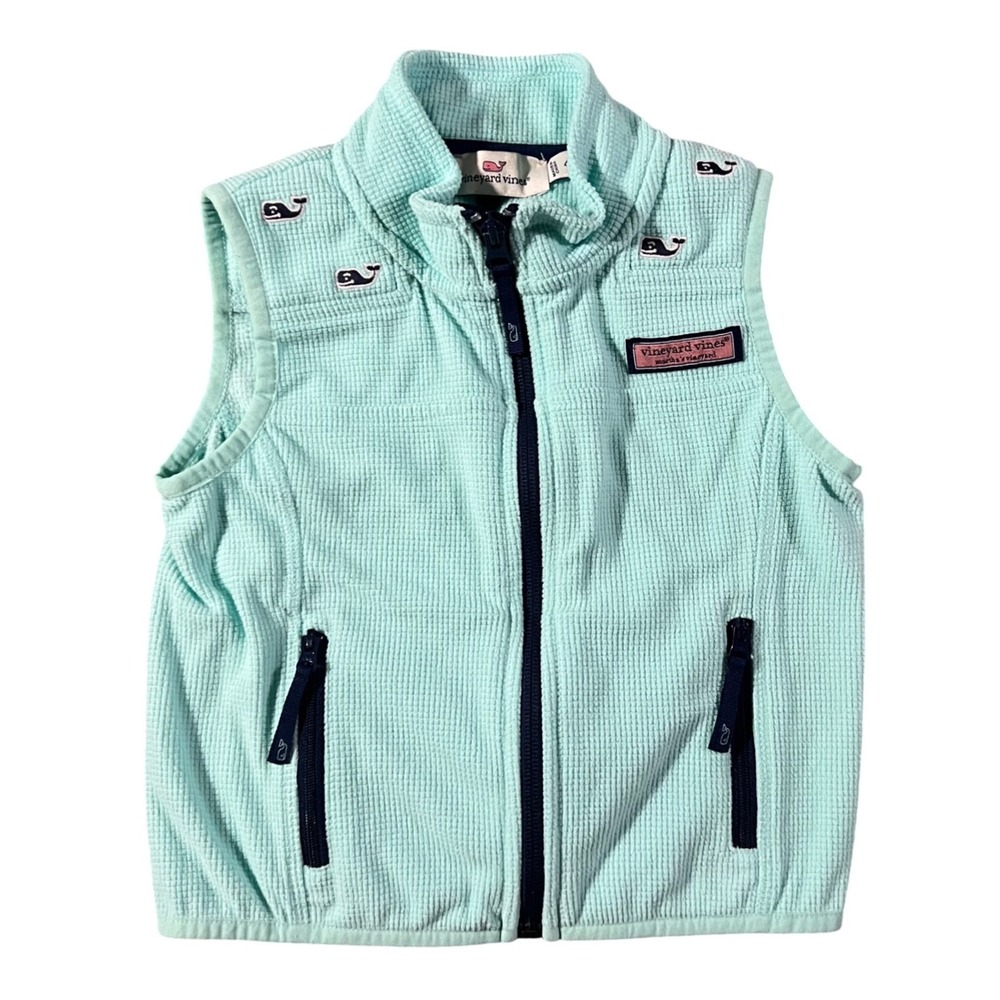 Vineyard Vines Fleece Vest Kids 4T Mint Green Waffle Knit Whale Logo Zip Up